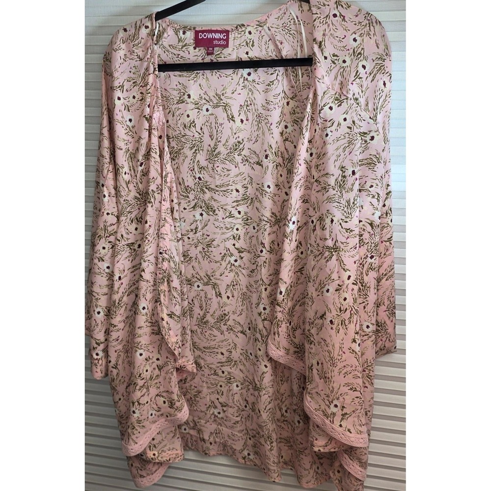 Downing Studio Open Front Kimono Cardigan Cover Plus Size 3X Pink Floral Flowers